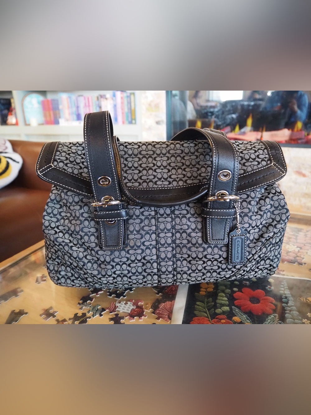 Coach Signature Jacquard Satchel in Black and Gray
